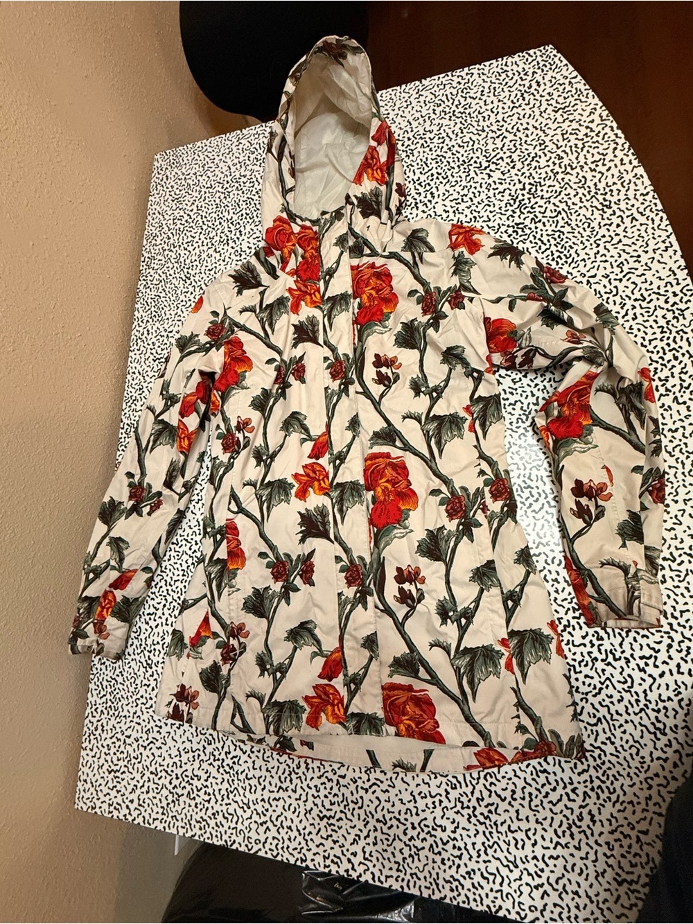 Floral Hooded Trench Coat in Cream with Red Floral Print